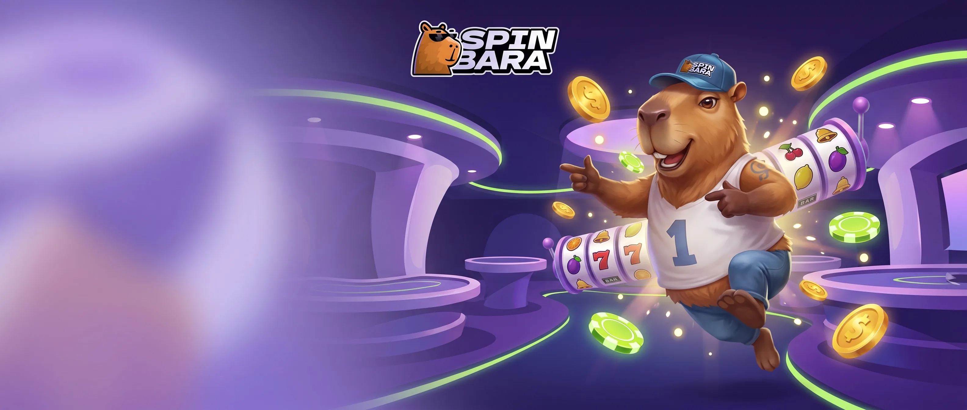 Mascotte Spinbara dans un univers de machines à sous violet