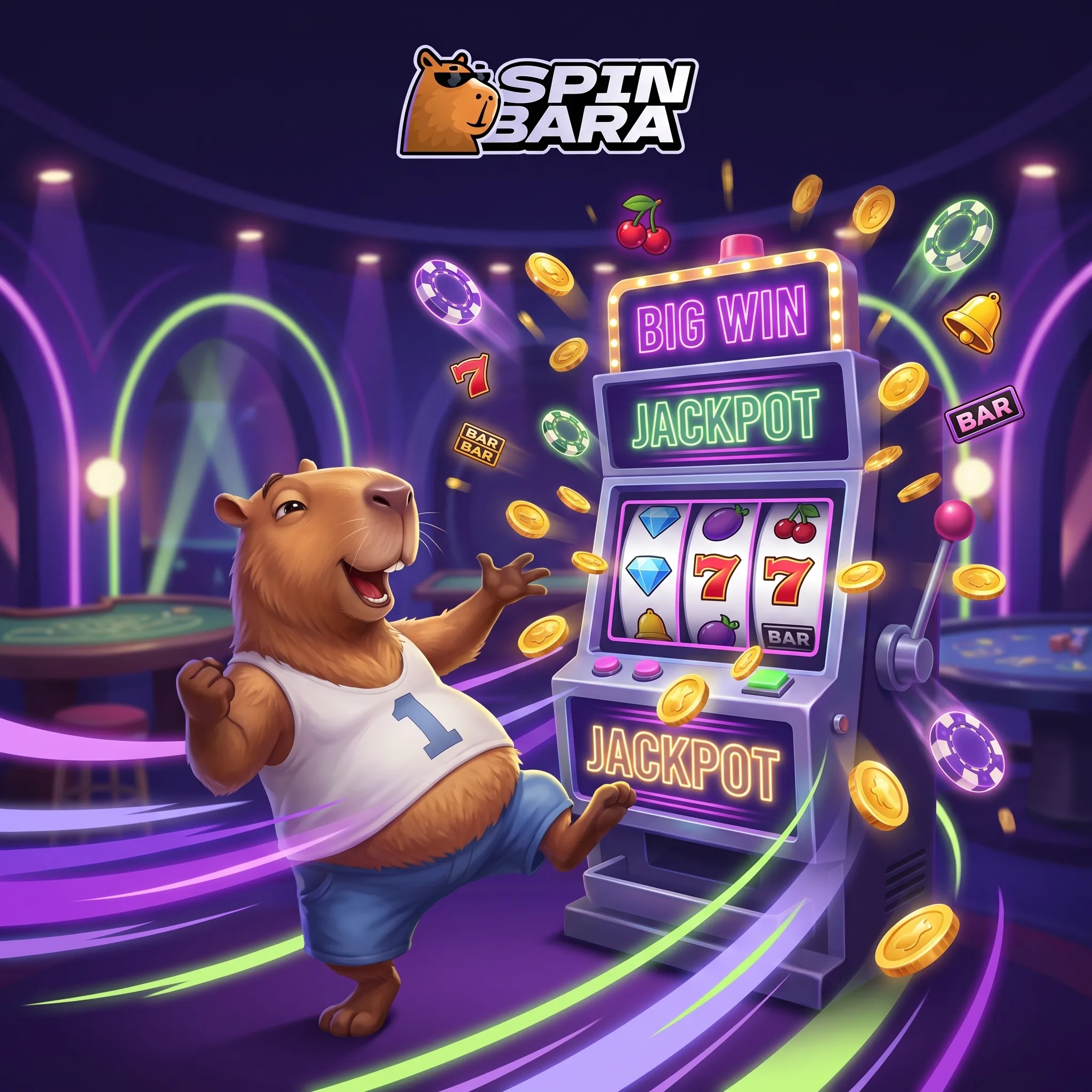 La mascotte Spinbara devant une machine à sous gagnante